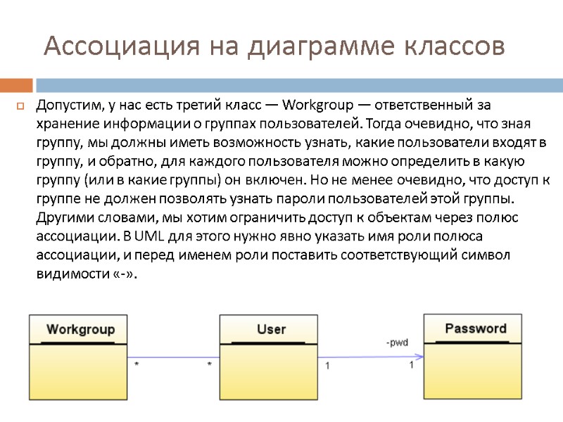 Ассоциация на диаграмме классов Допустим, у нас есть третий класс — Workgroup — ответственный